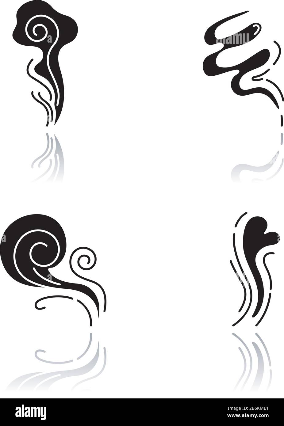 Odor drop shadow black glyph icons set. Good smell. Wind swirl, nice perfume scent. Aromatic fragrance flow with heart shape. Smoke puff, steam curls Stock Vector