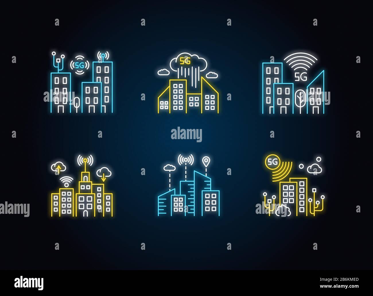 5G smart city neon light icons set. Urban intelligence. Mobile cellular ...