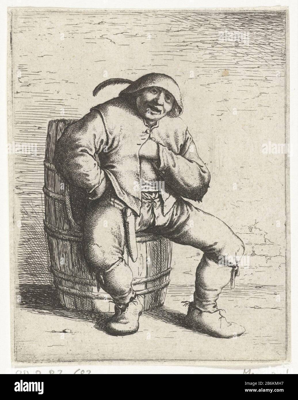 A man sitting on a ton A man sitting a ton, hand on her hip, the other under his jas. Manufacturer : printmaker Willem Bass to design: Adriaen Brouwer Place manufacture: Amsterdam Date: 1633 - 1672 Physical features: etching material: paper Technique: etching dimensions: plate edge: h 116 mm × W 92 mm Subject: morphology of human expression (+ sitting) Stock Photo