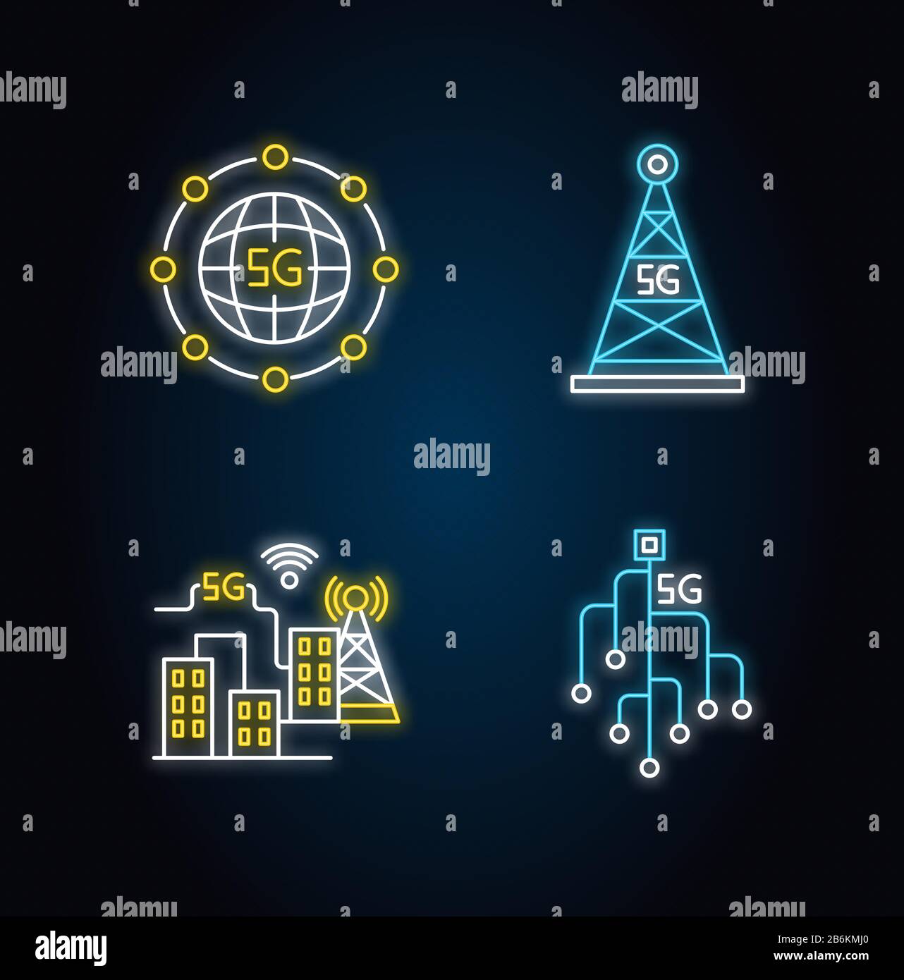 5G wireless technology neon light icons set. Smart city. Microchip ...