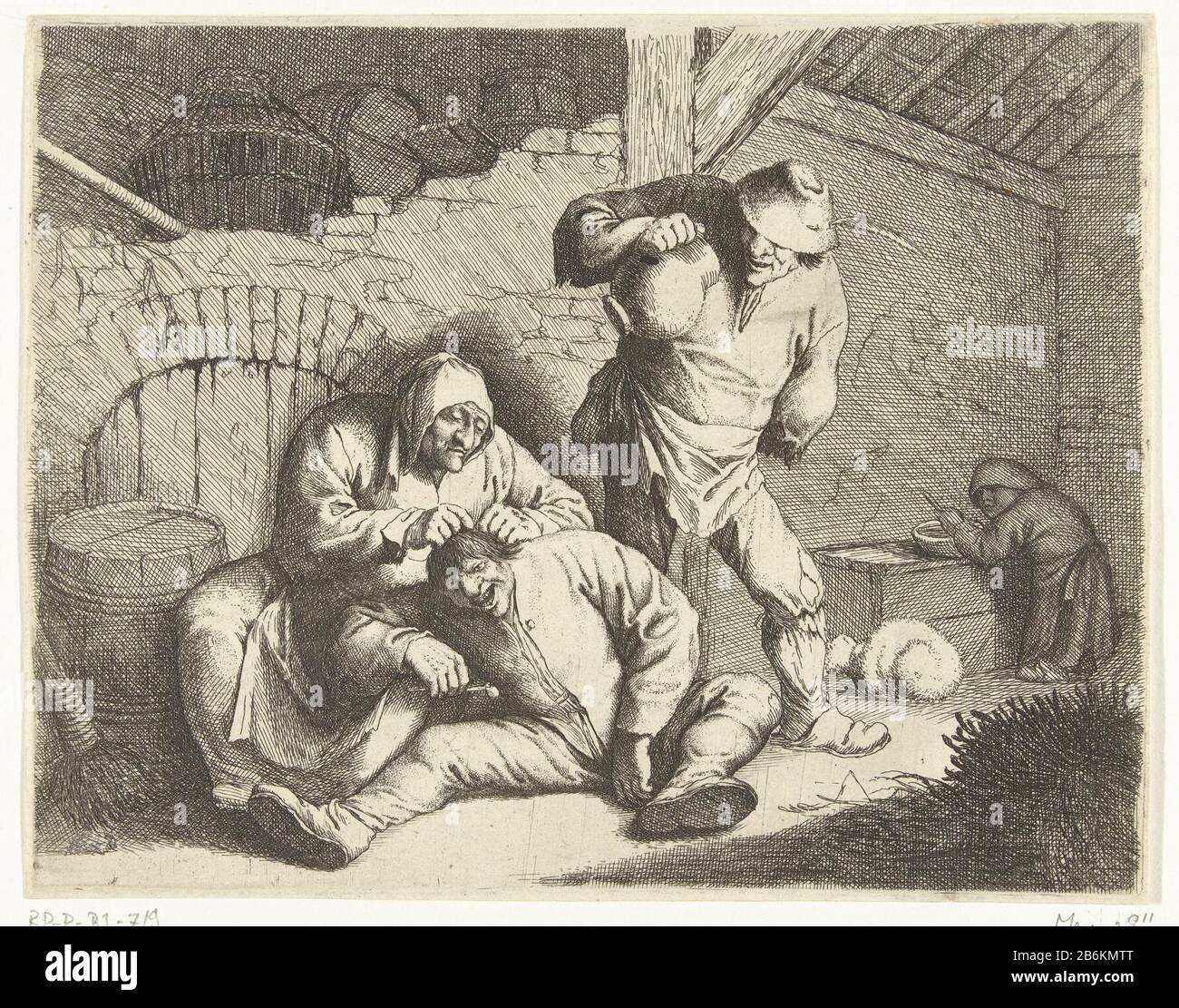 An old woman listens a man RP-P-BI-719 In a stable an old woman busy pick up a young man lice from the hair too. Next to them is a dilapidated looking man in a jar too. In the background a third man in a bowl eet. Manufacturer : printmaker Willem Bass to drawing: Anthonie Victorijnsprentmaker: Adriaen van Ostade (rejected attribution) Place manufacture: Amsterdam Date: 1633 - 1672 Physical features: etching material: paper Technique: etching Dimensions: plate edge: h 152 mm × W 193 mm Subject: remo insects from body Stock Photo