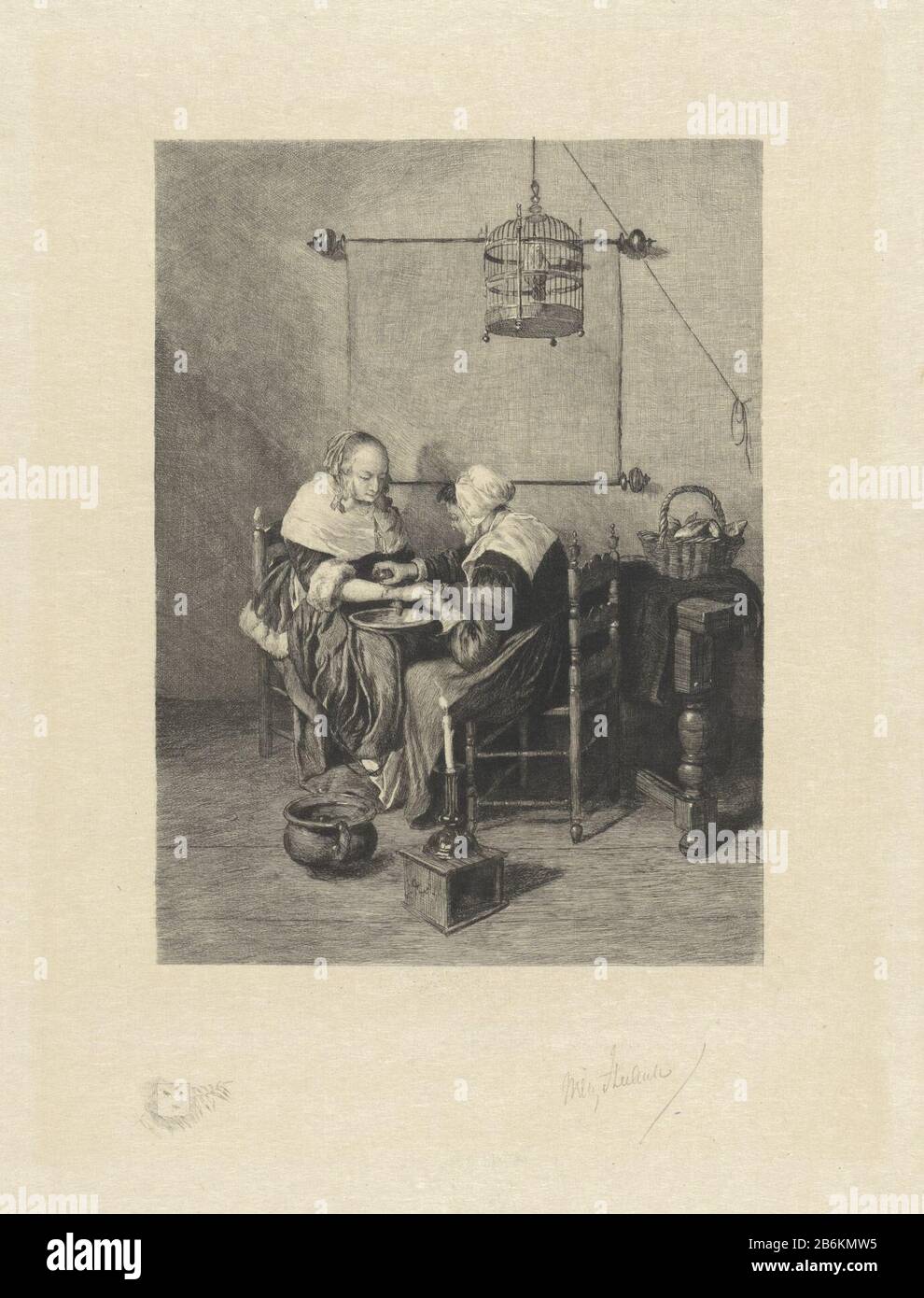 An old woman performing bloodletting known as 'The kopster An old woman carries with a young woman from a loss. Above the old woman hangs a cage. In the foreground lit a candle on a stove. Bottom left on the sidelines coat of Abraham Bredius on a twig with bladeren. Manufacturer : printmaker Willem Steelink (II) (personally signed) to painting: Quiringh Gerritsz. Brekel Camp Laats of manufacture: Netherlands Date: 1888 - 1891 Physical features: etching material: paper Technique: etching Dimensions: plate edge: H 343 mm × W 253 mmToelichtingPrent possibly used: Ancient art Netherlands: etching Stock Photo