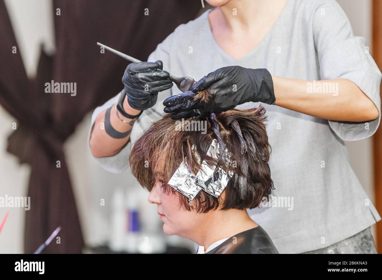 hairdresser coloring client woman hair in beauty barber studio salon