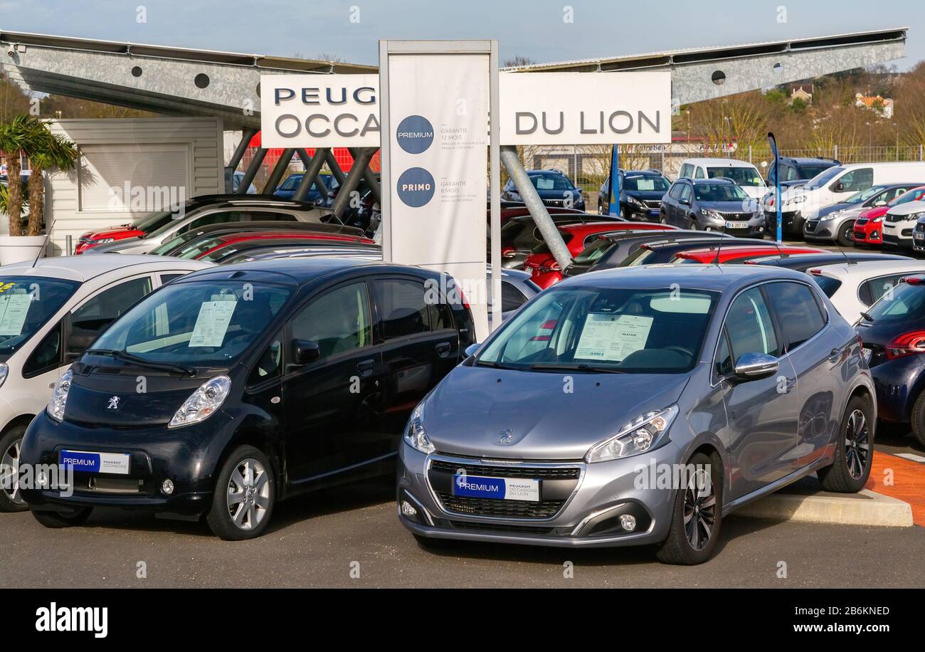 Cognac, France - February 21, 2020:Presentation of the new range of electric city car called 'Peugeot Ion' for sale on the network of the French car d Stock Photo