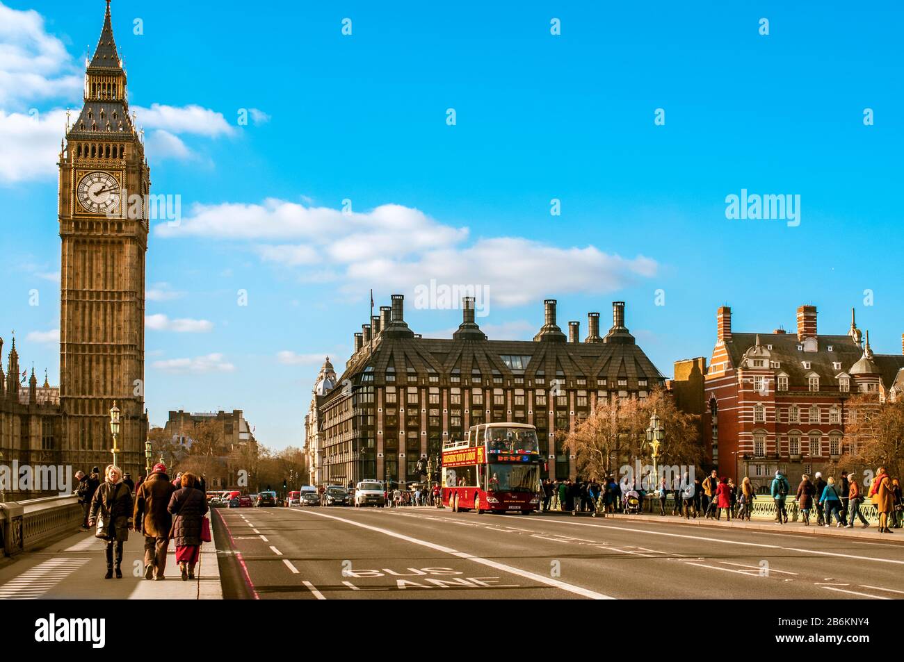 LONDON, UK - JANUARY 19: A view of the Big Ben from Westminster Bridge on January 19, 2015 in London, United Kingdom. Thousands of people cross this b Stock Photo