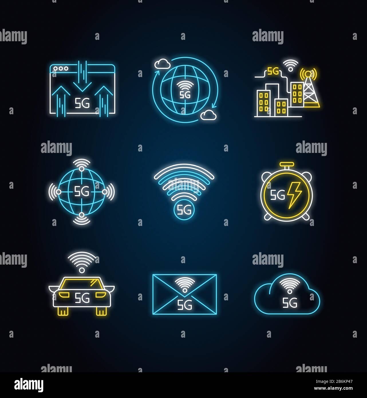 5G wireless technology neon light icons set. Car control, data exchange ...