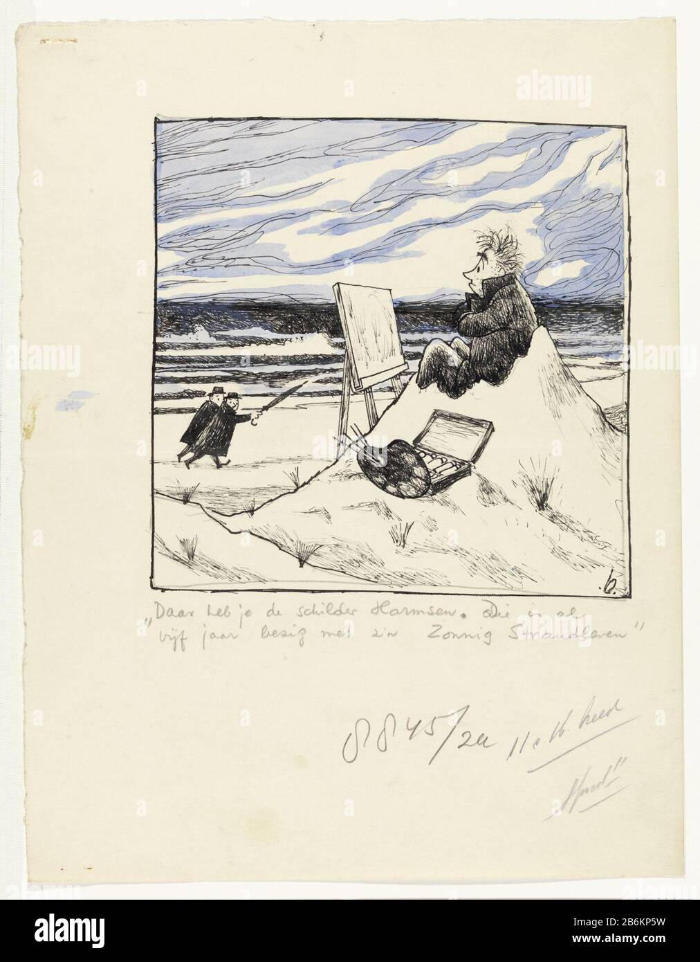 A desperate painter in the dunes, watched beaten by two hikers Design for a cartoon or illustration in Het Parool and De Hague Post. Manufacturer : artist: Charles Henri Joseph Boost Date: 24 Sep 1917-24 Sep 1990 Physical features : pen in Indian ink, brush in blue, blue body color, over a sketch in pencil material: paper finishing paint Indian ink pencil Technique: pen / brush dimensions: sheet: h 325 mm × W 250 mmvoorstelling: h 179 mm × W 182 mm Stock Photo