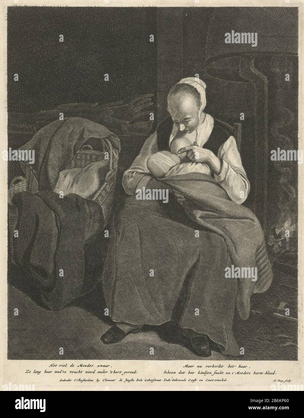 A woman feeds her child A mother sits next to the fireplace to feed her  child . Next to her is a Who: g. Manufacturer : printmaker: Hendrik Bary  (listed building) printer: