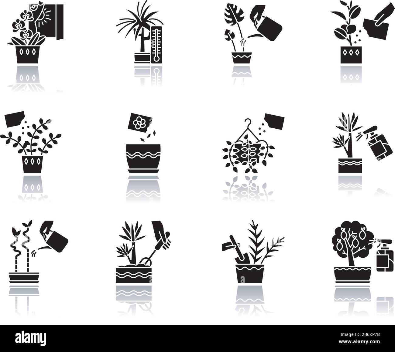 Houseplants drop shadow black glyph icons set. Decorative indoor plants. Ficus, monstera, african violet, lucky bamboo. Peace lily, pothos, parlor Stock Vector