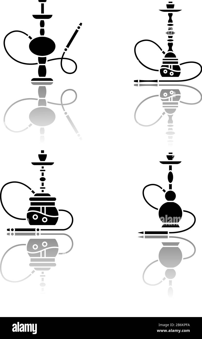 Hookah drop shadow black glyph icons set. Nargila option. Sheesha house. Popular souvenir. Odor from pipe. Scent of vaporizing. Smoking area. Isolated Stock Vector