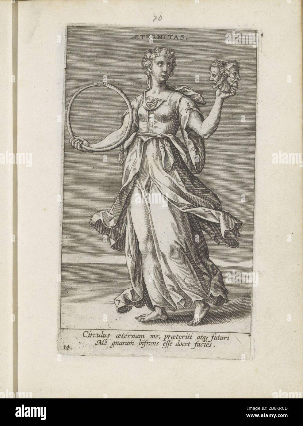 Eeuwigheid Eternity (titel op object) Prosopographia or virtues, psychological, physical, good foreign vices and varying affections project (serietitel) woman standing with her left hand and two heads in her right an Ouroboros, a snake biting its tail. This symbolizes eternity. Among the show two lines of text in Latin. The print is part of a album. Manufacturer : printmaker: Philips Gall Writer: Cornelis KiliaanPlaats manufacture: printmaker: Antwerp Writer: Southern Netherlands Date: ca. 1585 - ca. 1590 Physical features: car material: paper Technique: engra (printing process) Dimensions: pl Stock Photo
