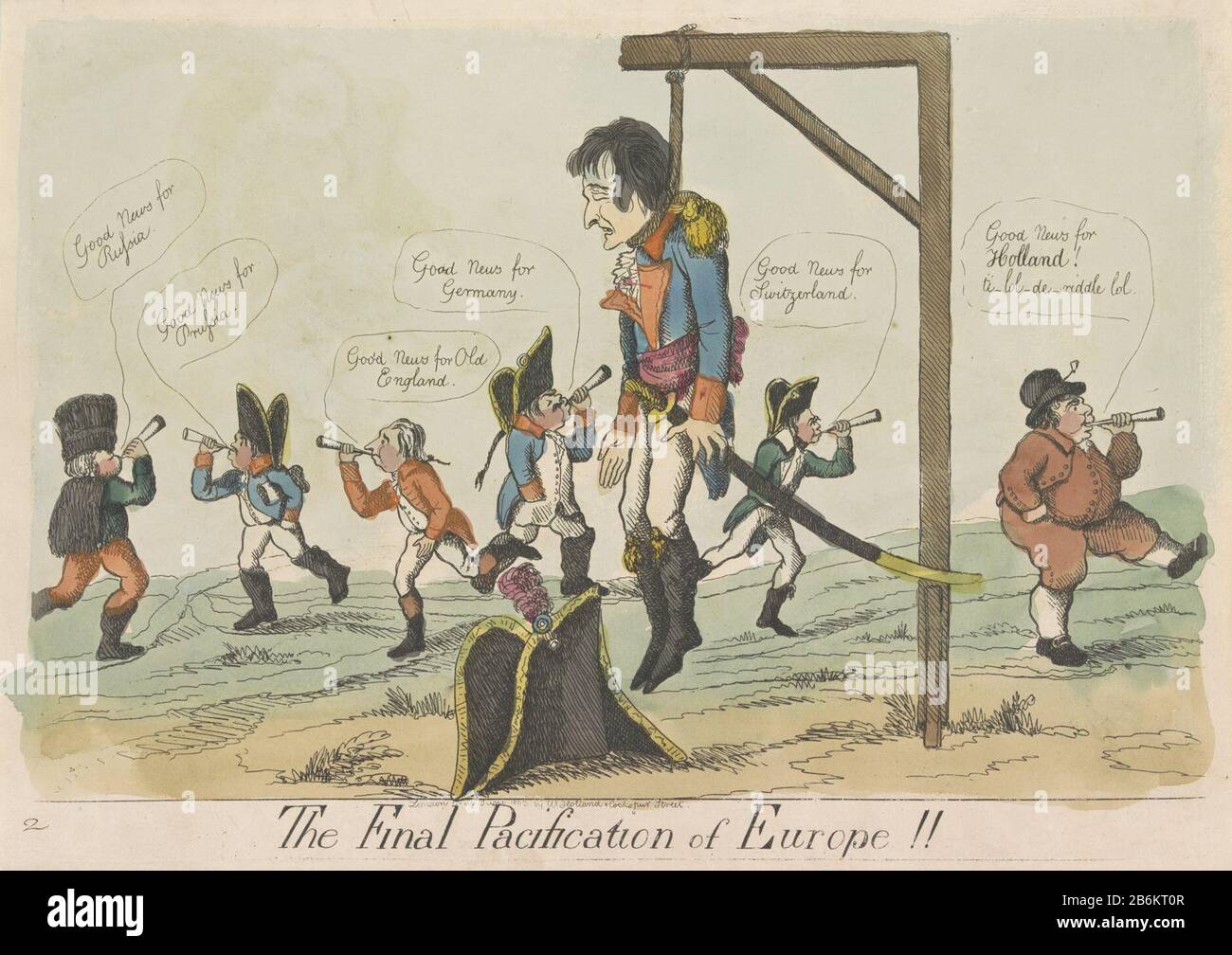 Finally peace in Europe, 1803 The Final Pacification of Europe (title object) Cartoon Where: Napoleon on the gallows hanging and all European countries, spreading the good news, 1803. in the background from left to right: Russia, Prussia, England, Germany, Switzerland and Netherlands. Numbered lower left: 2. Manufacturer : printmaker: anonymous editor: William Holland (listed property) Place manufacture: London Date: Jun 1803 Material: paper Technique: etching / hand color dimensions: plate edge: H 250 mm × W 350 mmToelichtingNiet in Frederick Muller; added by RPK nummer. Subject: death penalt Stock Photo