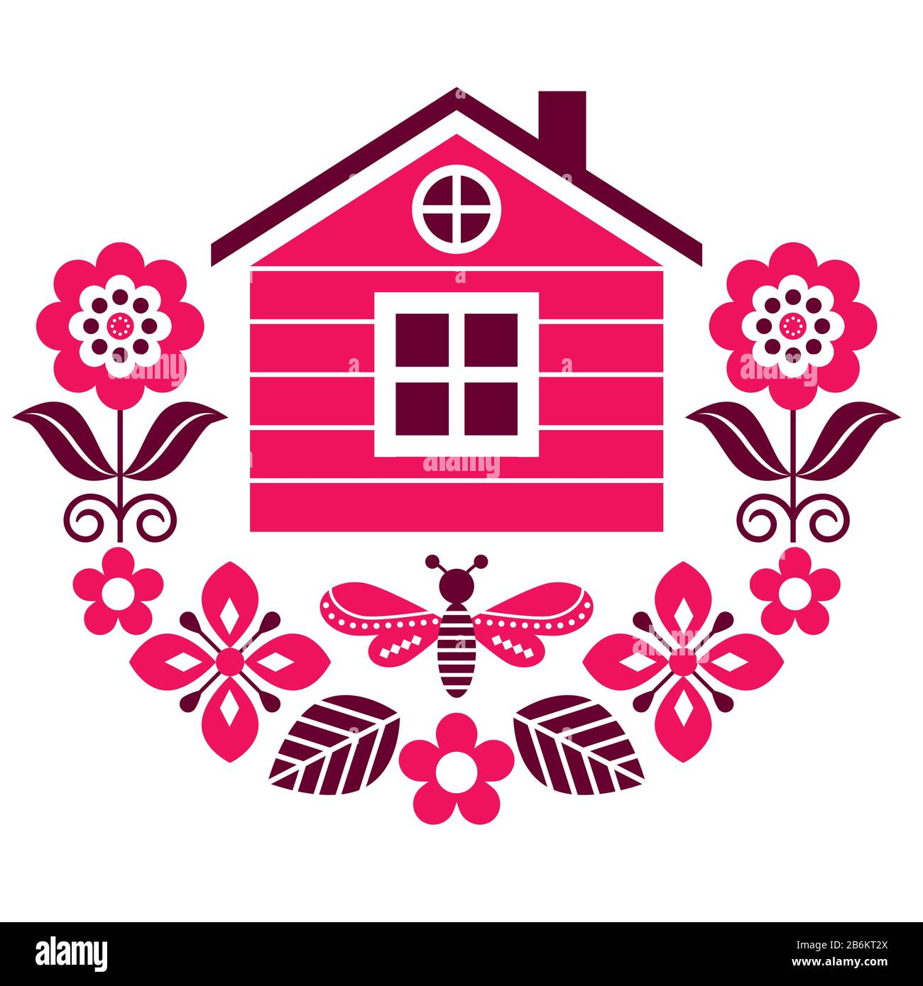 Scandinavian folk art vector cute floral pattern with Finnish or Norwegian house, greeting card with flowers in red and brown Stock Vector