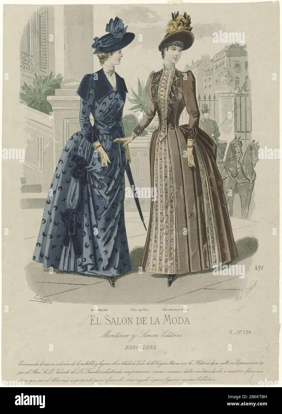 The Fashion Show, 1888, No 124 V, nr 891 Montaner and Simon Two women  walking in costume with matching hat. Print out the Spanish fashion  magazine El Salon de la Moda. Manufacturer :
