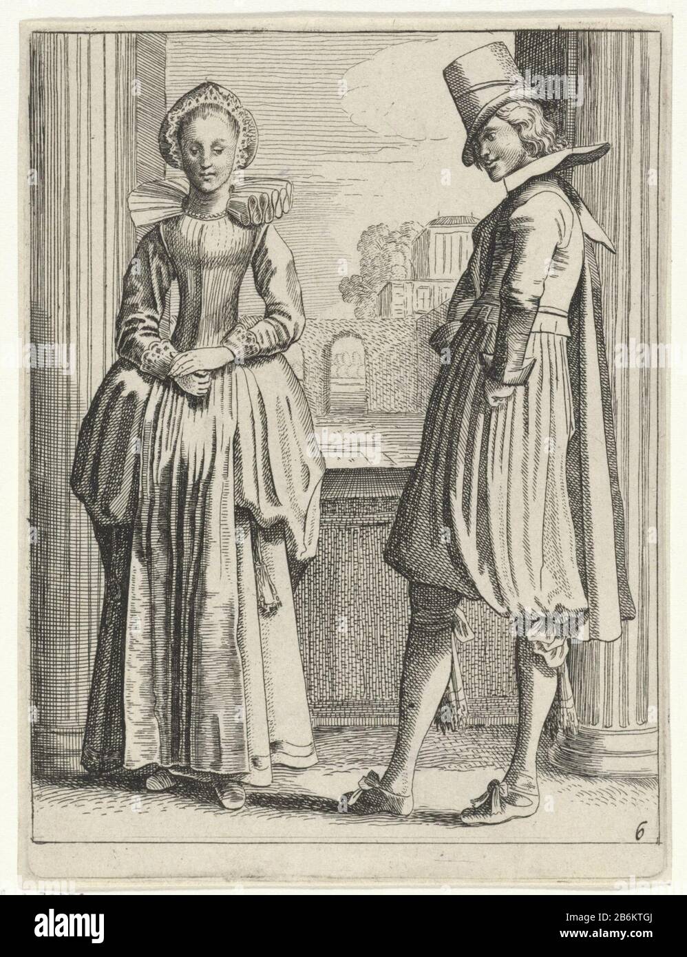 Elegantly dressed couple F Costumes (serietitel) Elegantly dressed couple  dressed in the fashion va. approximately 1620, standing on a platform with  pillars. Sixth picture of a series of eight kostuumprenten. Manufacturer :