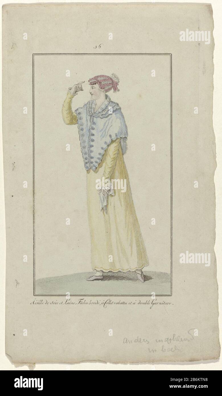 According to the description in the magazine (64 p.) 'Grand negligee. 'Résille' (hair net) of silk and wool. Fichu embroidered with beaten down collar and dual sets. Print out the fashion magazine Elegantia or magazine of fashion, luxury and taste for Women 1807-1814 (interrupted by the period 1811-1813) . Manufacturer : printmaker: anonymous publisher Evert Maaskamp Place manufacture: Amsterdam Date: 1808 Physical features: engra, hand-colored material : paper Technique: engra (printing process) / hand-color measurements: plate edge: h 222 mm (sheet edge cut off at the bottom) × W 118 mm Subj Stock Photo
