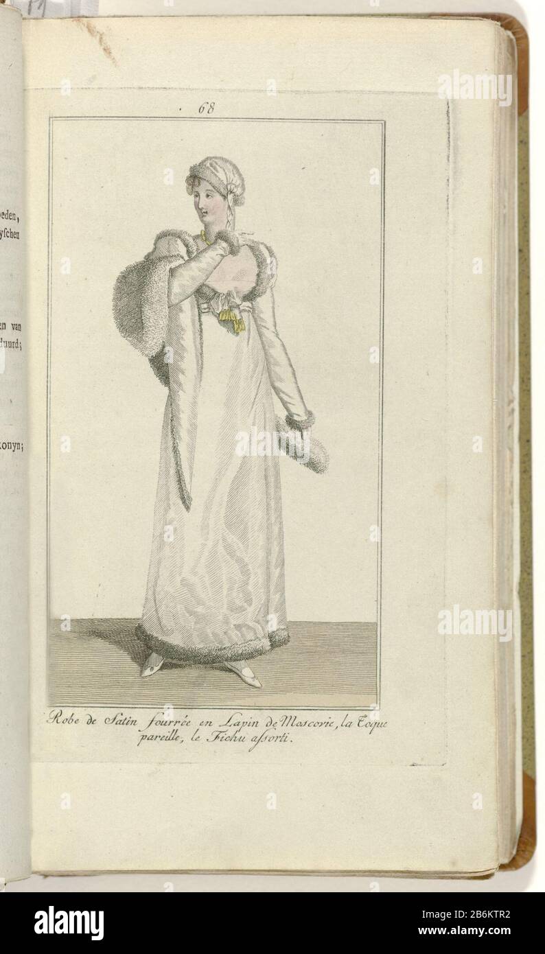 Elegantia or magazine of fashion, luxury and taste for women, January 1809, No. 68 Satin Robe According to the accompanying text (p. 32): White satin dress with fur 'Muscovite rabbit. Toque and fichu same. Print out the fashion magazine Elegantia or magazine of fashion, luxury and taste for Women 1807-1814 (interrupted by the period 1811-1813) . Manufacturer : printmaker: anonymous publisher Evert Maaskamp Place manufacture: Amsterdam Date: 1809 Physical features: engra, hand-colored material : paper Technique: engra (printing process) / hand color dimensions: sheet: h 220 mm × W 126 mm Subjec Stock Photo