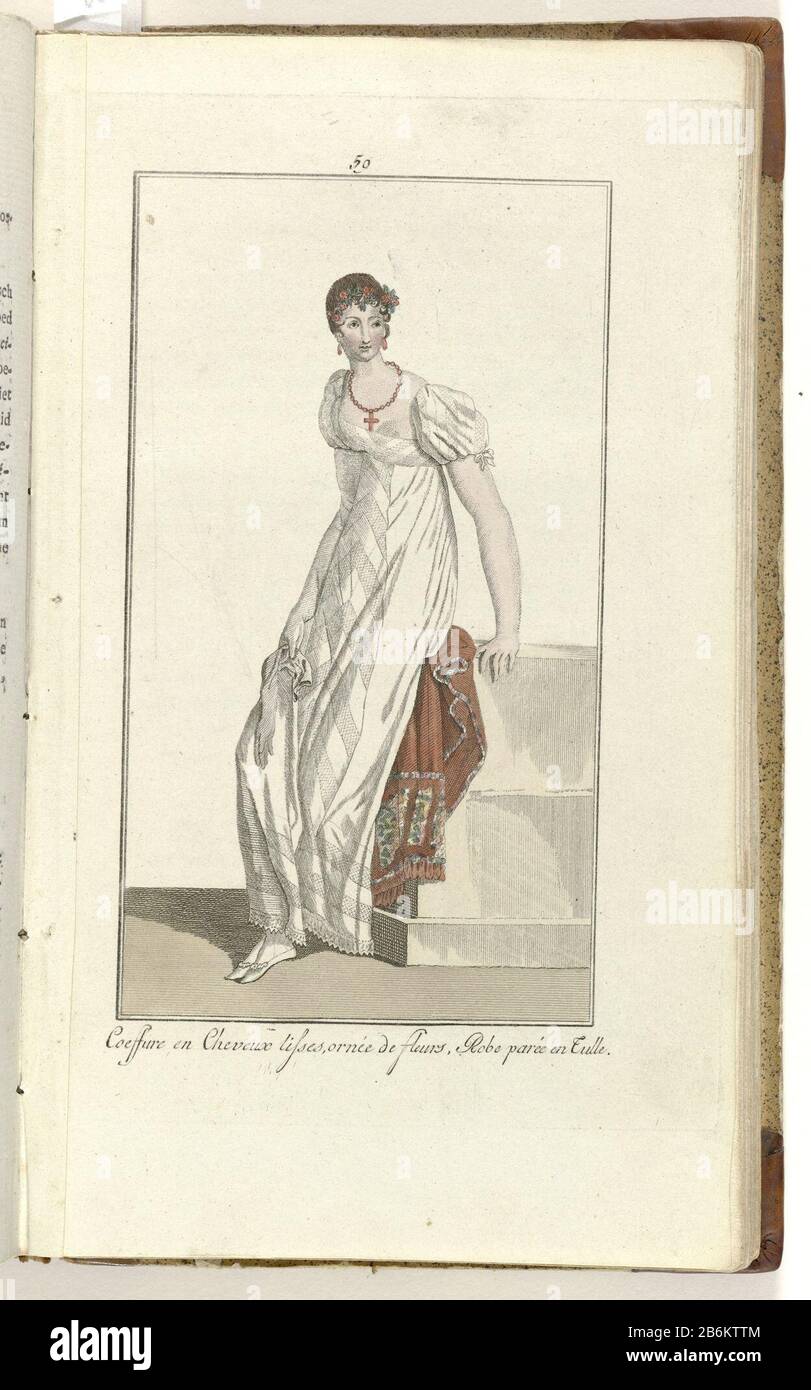 Elegantia or magazine of fashion, luxury and taste for women, October 1808,  No. 59 Coeffure and Cheveux lisses according to the accompanying text (320  p.): Dressed gown trimmed with tulle. Hairstyle with