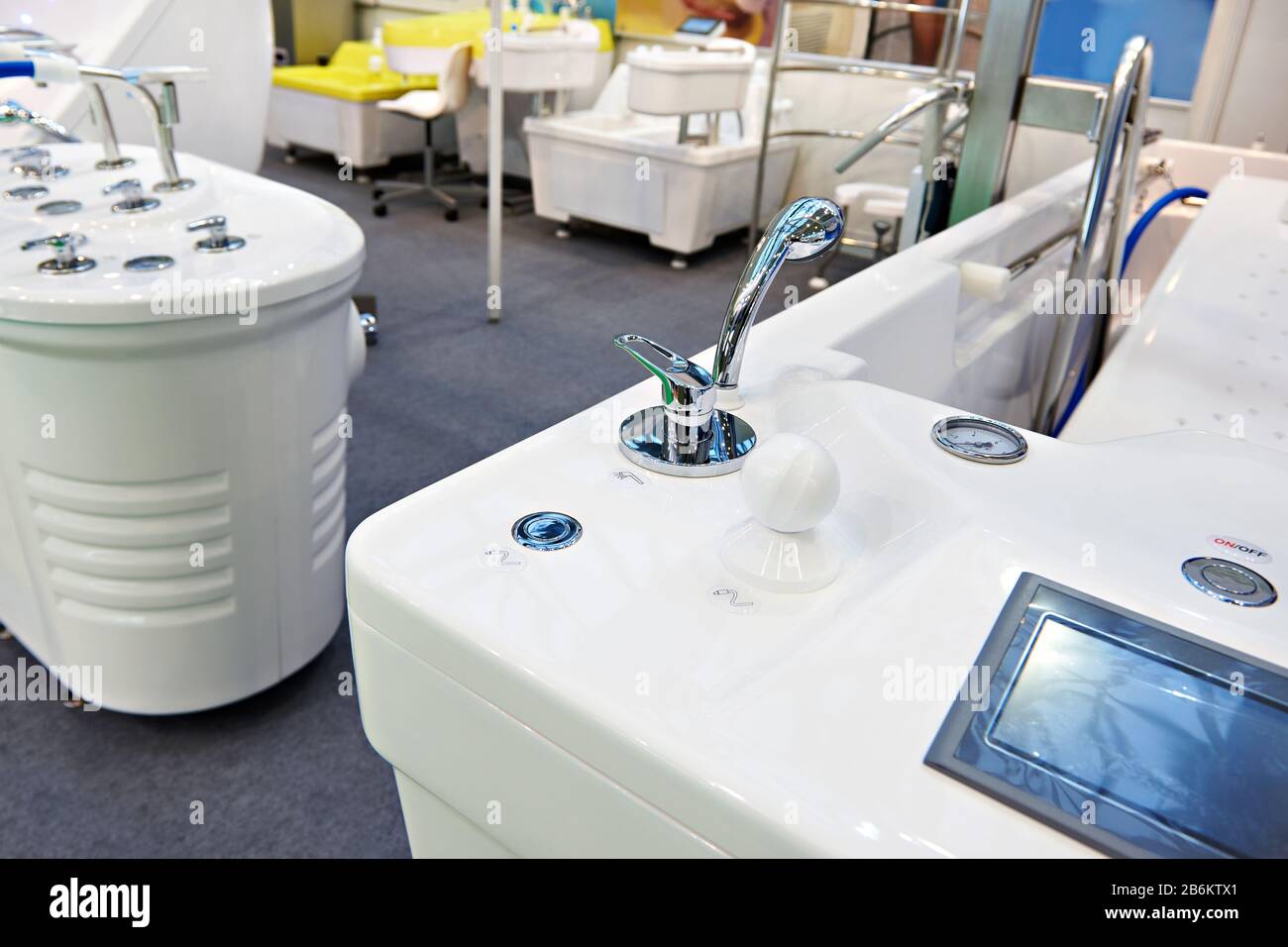 Modern bathtubs and jacuzzi in the store Stock Photo