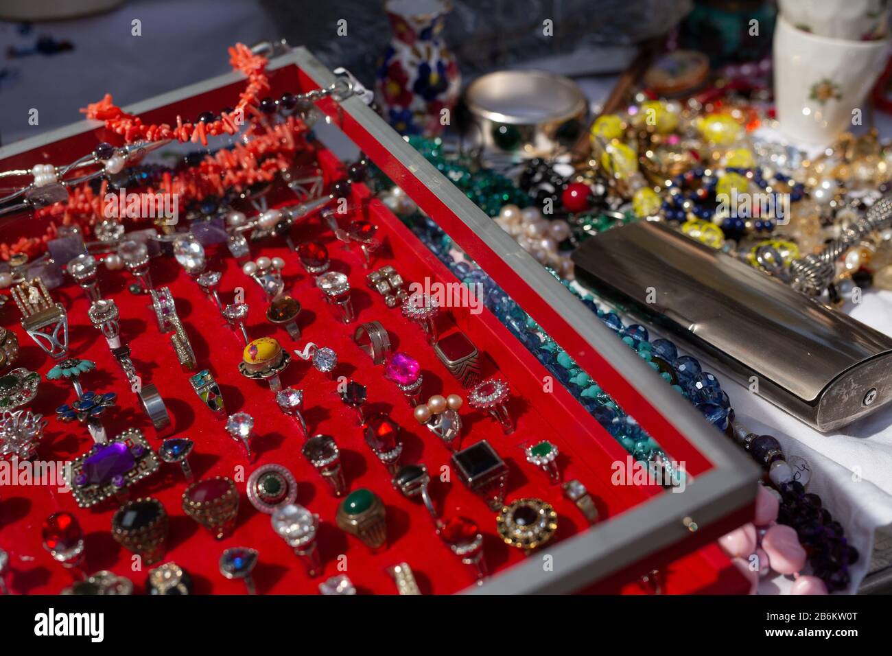 Jewellery for sale at the Marche aux Fluers flea market in Nice, France. Stock Photo