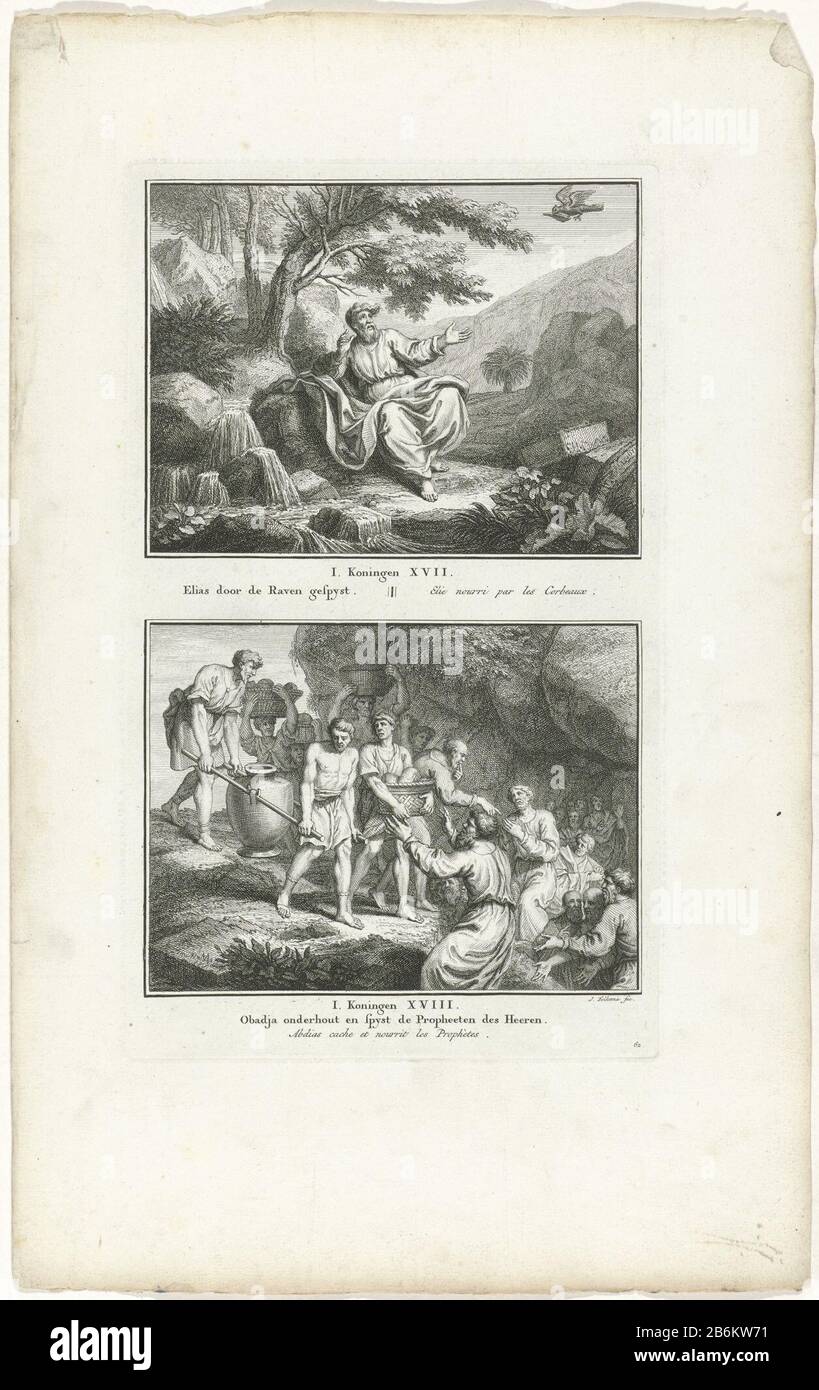 Elijah fed by ravens and Obadiah feeds a hundred prophets in a cave Two Bible stories in 1 Kings. 17 and 18. Elijah fed by ravens, and Obadiah feeds a hundred prophets in a cave. Two performances of one plate, each with a title in Dutch and French. Fully numbered bottom right: 62 . Manufacturer : printmaker Jacob Folkema (listed building) publisher: Jan de Groot Publisher: Abraham Blussé & Son Place manufacture: Publisher: Amsterdam Publisher: Dordrecht Date: 1791 Physical features: etching material: paper Technique: etching Dimensions: plate edge: H 326 mm b × 194 mmToelichtingIllustratie out Stock Photo