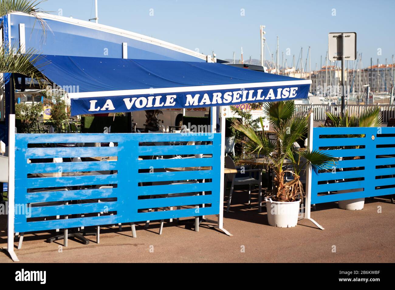 A restaurant in the port of Marseille, France. Stock Photo