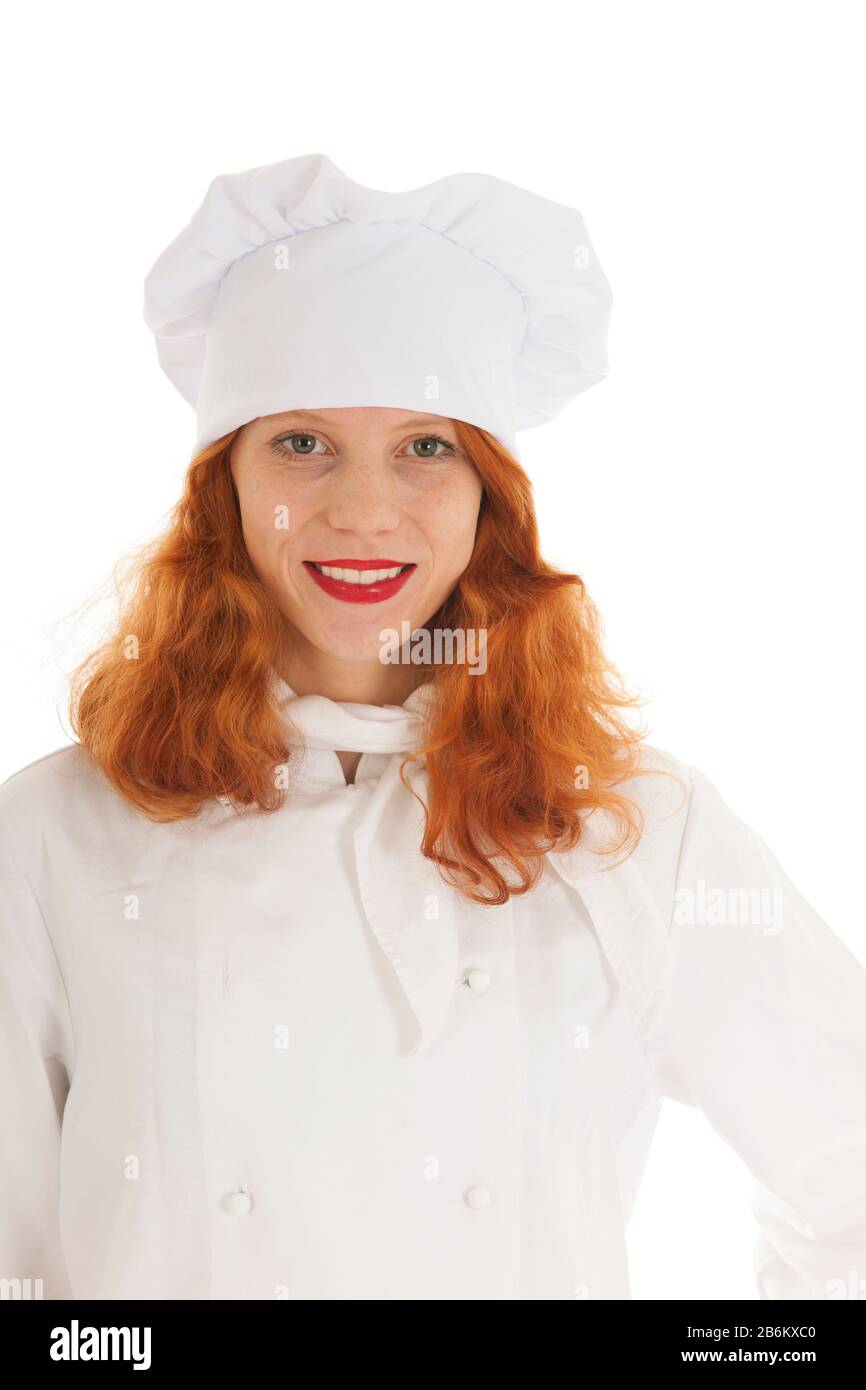Female baker chef portrait with red hair isolated over white background