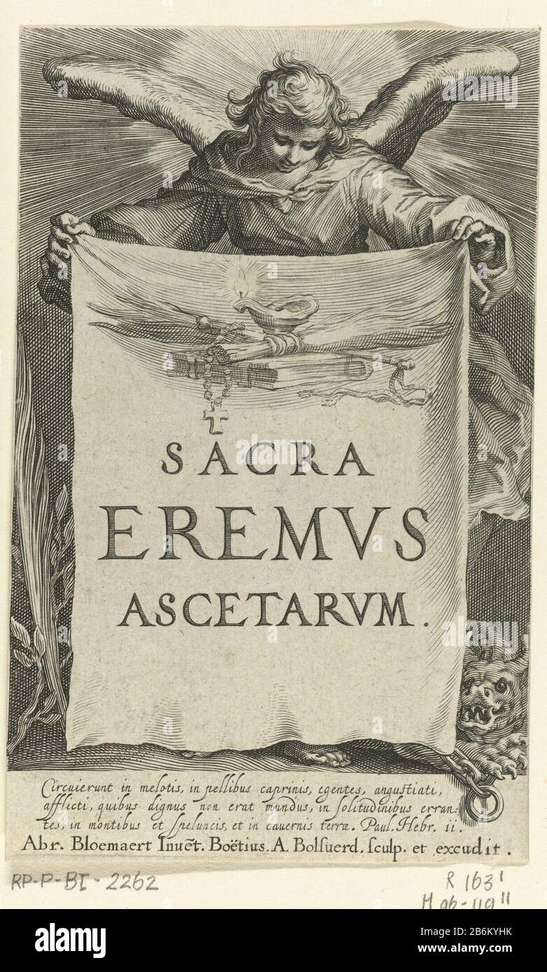 Engel houdt doek vast waarop titel Sacra eremvs ascetarvm Kluizenaars  (serietitel) Sacra eremvs ascetarvm (serietitel op object) Angel holds  cloth on which title and presentation of objects for asceticism including a  rosary,