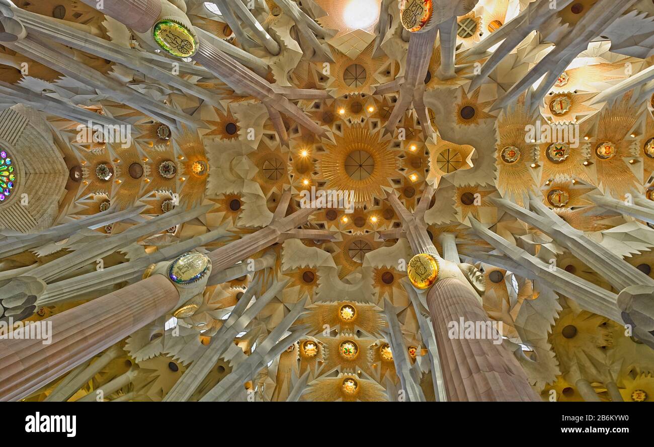 Architectural detail of Sagrada Familia ceiling, Barcelona, Catalonia, Spain Stock Photo