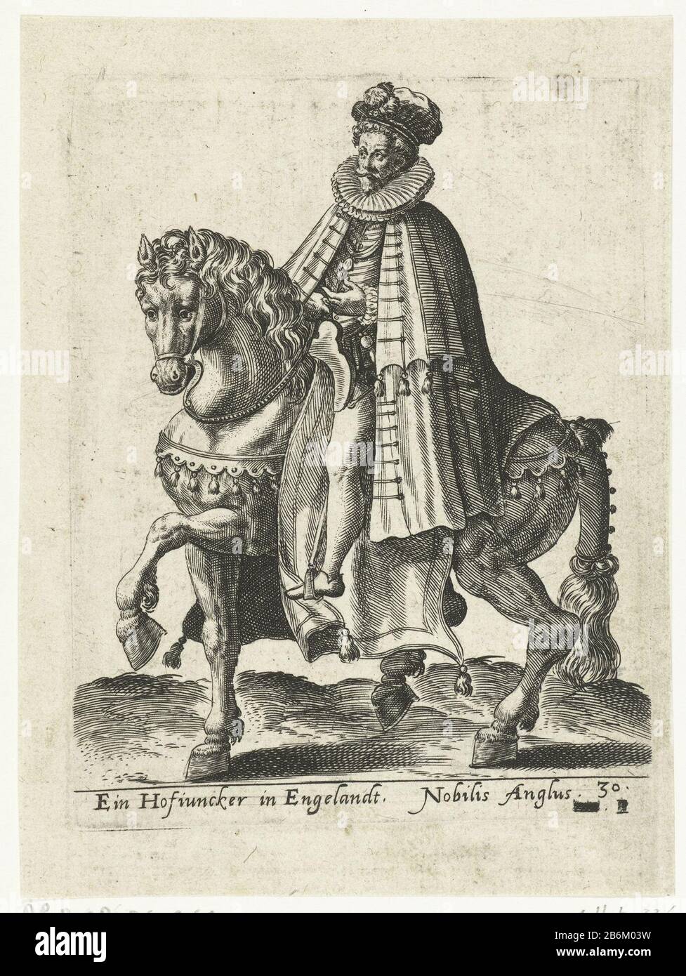 Engelse hofjonker te paard Horse and rider left. The horse is in step. The rider wears a long robe and matching clothes. The print has a German and a Latin caption. Post originally from 'Equitum Descripció ... '1577. Manufacturer : printmaker Abraham de Bruyn (attributed to) Publisher: Caspar Rutz (possible) Place manufacture: Cologne Date: 1577 Physical features: car material: paper Technique: engra (printing process) Dimensions: plate edge: h 145 mm × W 112 mmToelichtingPrent originally published in 'Equitum Descripció, quomodo Equestres copie, nostra hac aetate, in sua armatura, per cunttas Stock Photo