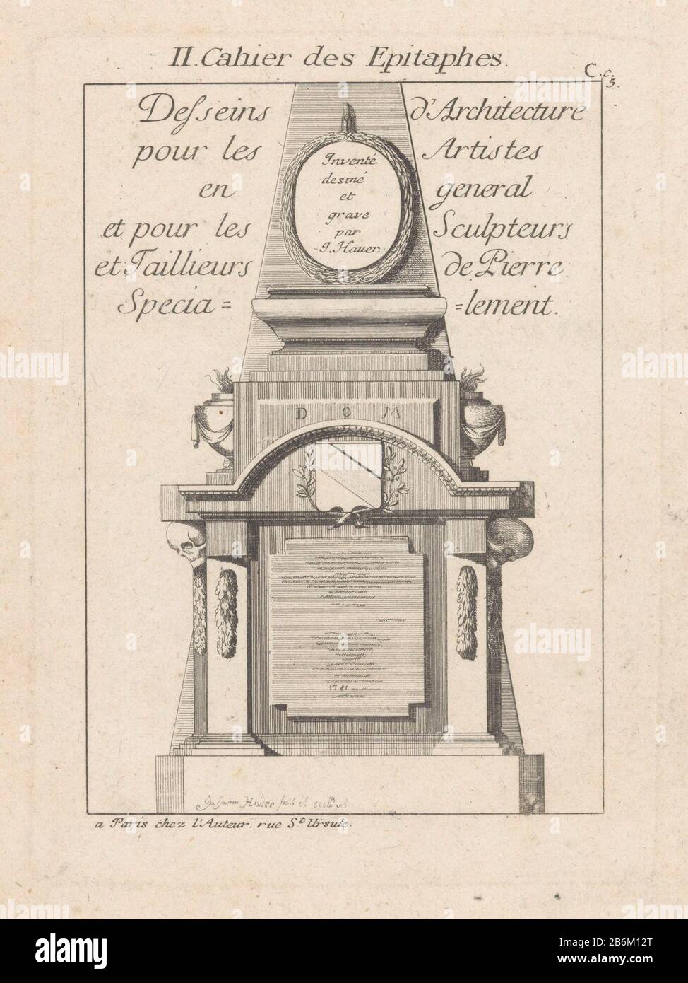 Epitaaf met medaillon II Cahier des Epitaphes (serietitel op object) Desseins de la Mode neuve au Gout antique (serietitel) Design for an epitaph with skulls, vases and oval medallion with laurel wreath. Above a zesregelige French tekst. Manufacturer : print maker: Johann Thomas Hauer (indicated on object) Place manufacture: Paris Date: 1781 Physical characteristics: etching and engra material: paper Technique: etching / engra (printing process) Measurements: plate edge: H 196 mm × W 144 mm Subject : epitaph Stock Photo