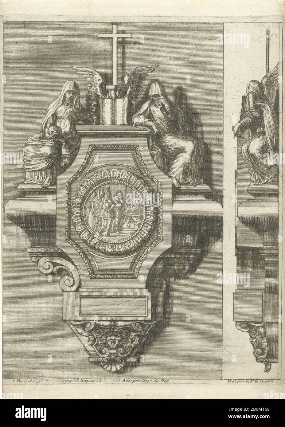 Epitaaf Front and side elevation. Coffin Where: sit two women, left with a skull in her lap. From series of five blades, second editie. Manufacturer : printmaker Jean Lepautre (listed building) in its design: Jean Lepautreuitgever: Nicolas Langlois (I) (listed building) provider of privilege: Louis XIV (King of France) ( listed on object) Place manufacture: printmaker: France (possible) in its design: France (possible) publisher: Paris Date: 1640 - 1703 Material: paper Technique: etching dimensions: plate edge: h 247 mm × W 192 mm Stock Photo