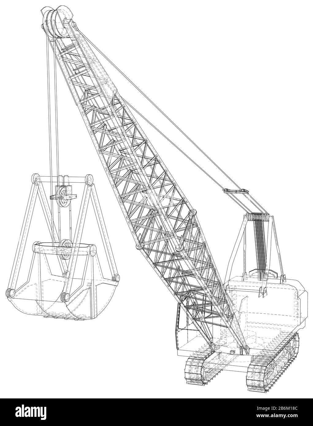 Walking Dragline, Mobile excavating machine used in open-cut mining. The layers of visible and invisible lines are separated. Wire-frame. Stock Vector