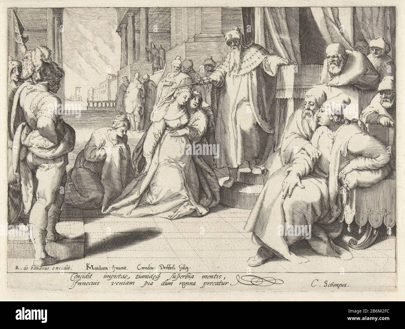 Ester voor Ahasveros Esther kneels before king Ahasuerus. An elderly woman holds her. The king leaves his scepter bags on her head as a sign of affection. Pendant of a picture with the Judgment of Salomon. Manufacturer : printmaker Cornelis Jacobsz. Drebbel (listed building), designed by Karel van Mander (listed building) Publisher: Robert de Baudous (listed property) writer Cornelius Schonaeus (listed property) Place manufacture: Netherlands Date: approx 1597 Physical features: engra and etching material : paper Technique: engra (printing process) / etch dimensions: plate edge: h 162 mm × W 2 Stock Photo