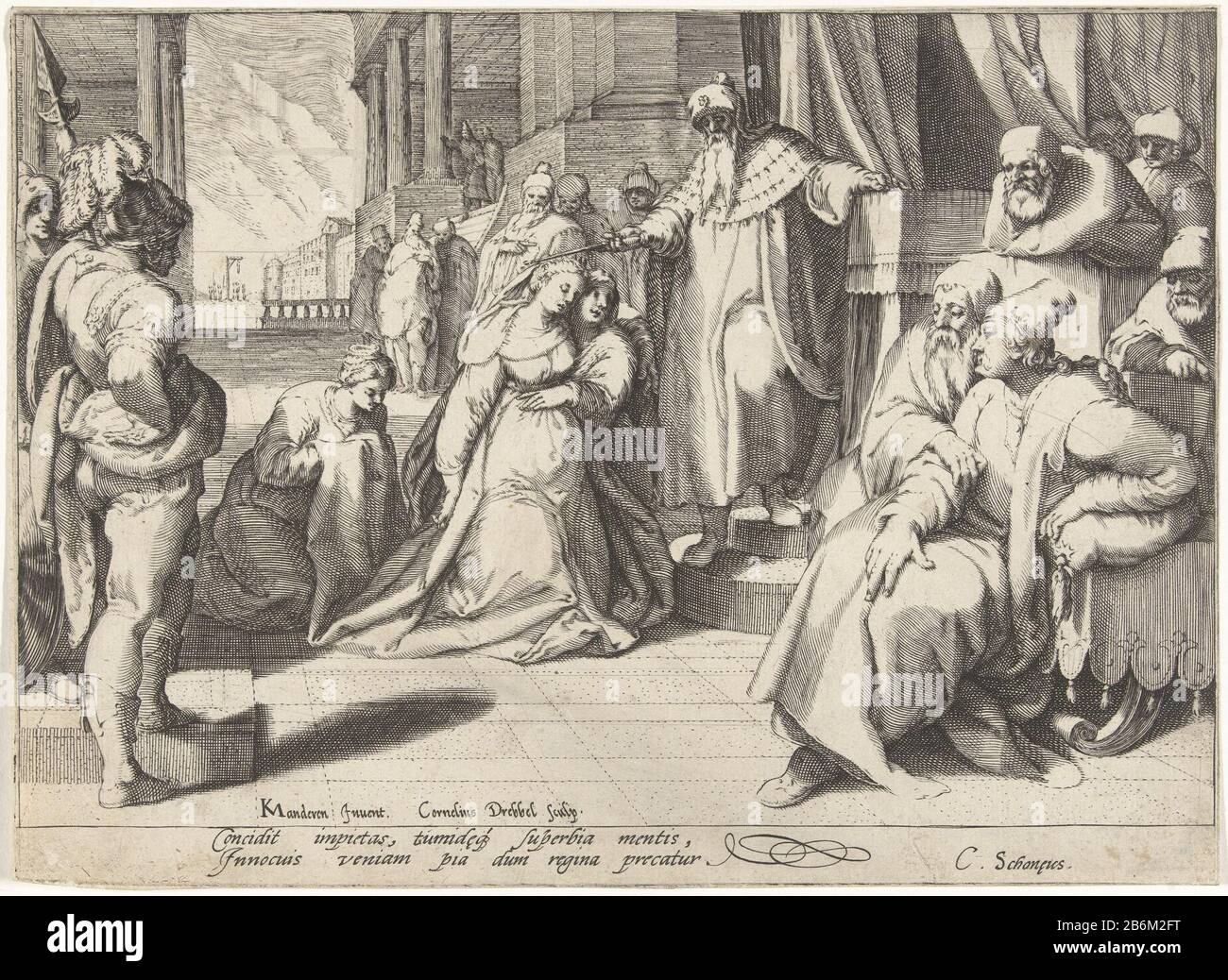 Ester voor Ahasveros Esther kneels before king Ahasuerus. An elderly woman holds her. The king leaves his scepter bags on her head as a sign of affection. Pendant of a picture with the Judgment of Salomon. Manufacturer : printmaker Cornelis Jacobsz. Drebbel (listed building), designed by Karel van Mander (listed property) writer Cornelius Schonaeus (listed property) Place manufacture: Netherlands Date: approx 1597 Physical features: engra and etching material: paper Technique: engra (printing process) / etch dimensions : sheet: h 160 mm × W 210 mm Subject: Esther before Ahasuerus (Esther 5: 1- Stock Photo