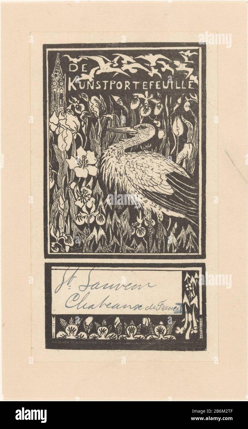 Etiket met ooievaar Stork between plants and flowers. At the top of the  text "The Art Portfolio. In the background a church. Down a text box with  plants and bloemen. Manufacturer :