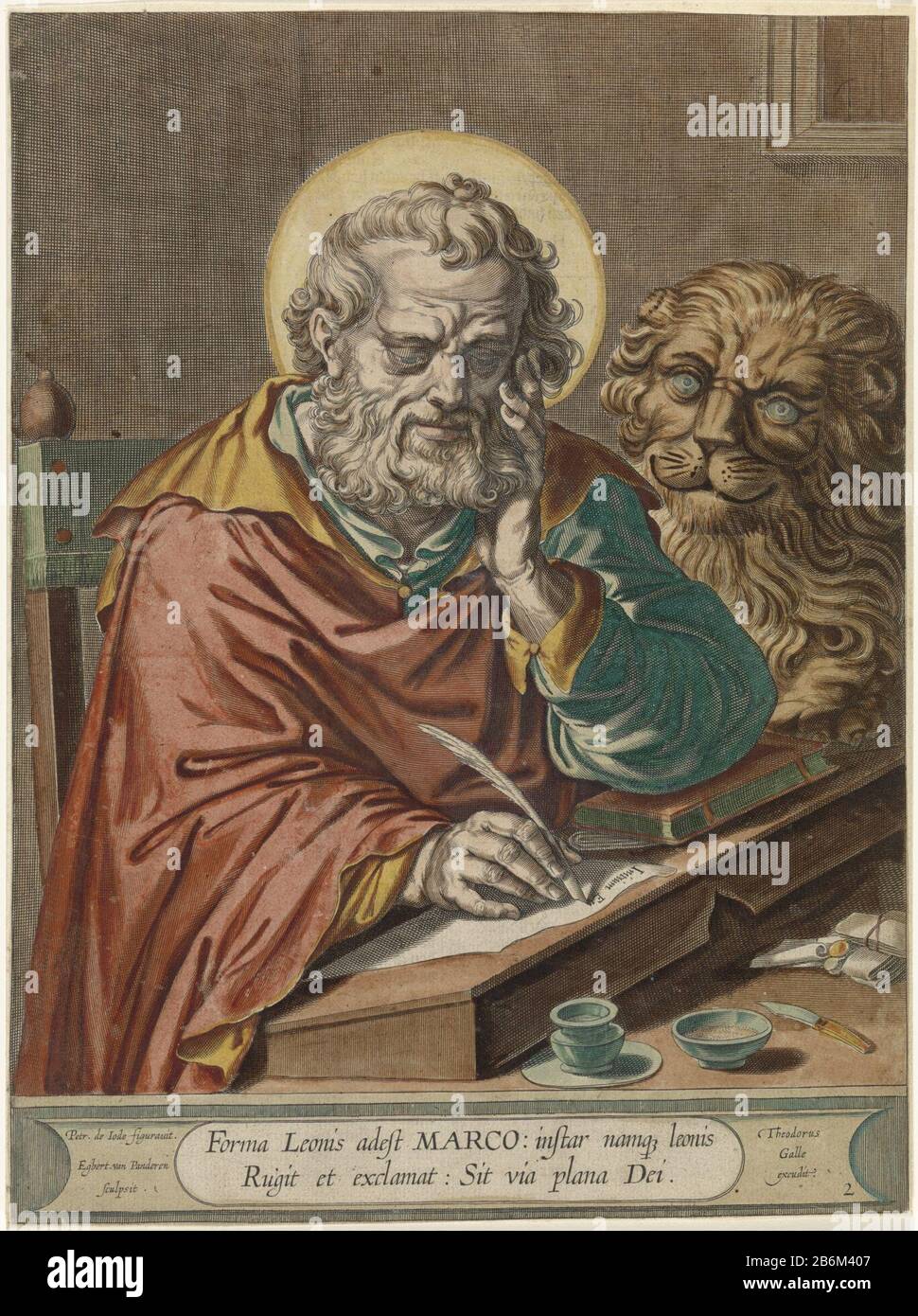 Evangelist Marcus Vier evangelisten (serietitel) The evangelist Mark,  writing at a table. In addition to him his attribute the lion. In a context  a two-line caption in Latin. Second picture from a