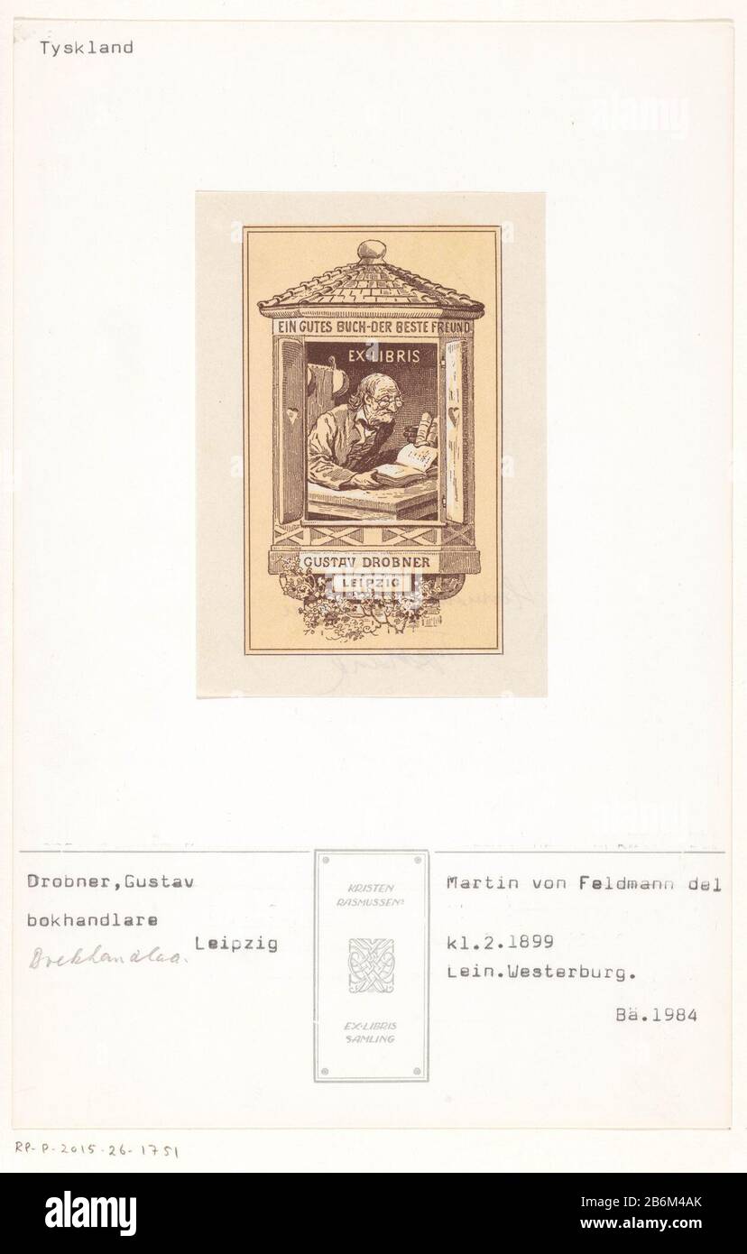 Ex libris van Gustav Drobner Ex libris Gustav Drobner Object Type : print bookplate Item number: RP-P-2015-26-1751 Inscriptions / Brands: collector's mark, verso, stamped: Lugt 2228annotatie, verso, written in pen, 'Hermann Feldmann / Niemcy 'Description: Old man behind a table, reading a book. In architectural picture frame consisting of a roof, and a window with shutters folded open. Under the roof of the text: 'Ein gutes buch - the best Freund'. Manufacturer : printmaker Hermann Feldmann (listed building), designed by Hermann Feldmann (listed building) Dated: 1897 Physical features: lithogr Stock Photo