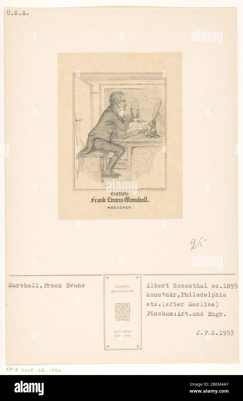 Ex libris van Frank Evans Marshall Portrait of Charles Lamb sitting at table, reading and book by the light of two candles. On the table are a jar, a bottle and a glass with a lepel. Manufacturer : printmaker Albert Rosenthal (listed property) to painting by Daniel Maclise (listed property) Place manufacture: USA Date: 1895 Physical features: printing equipment: paper Technique: print size: sheet: h 113 mm × W 84 mmToelichtingBe Stock Photo