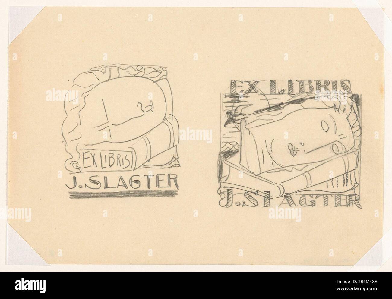 Ex libris voor J Slagter (ontwerp, twee keer) (titel op object) Two designs for a Ex Libris on a single sheet. The show is a stone head of a woman resting on a boek. Manufacturer : artist Leo Gestel Dating: ca. 1935 - ca. 1940 Physical features: Pencil on paper material: pencil paper Dimensions: sheet: H 135 mm × W 197 mmbeeld: H 160 mm × W 70 mmOnderwerpWie J. Slagter Stock Photo