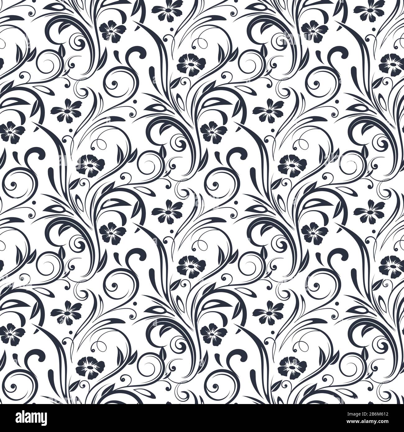 Black filigree floral pattern. Black and white seamless background Stock Vector