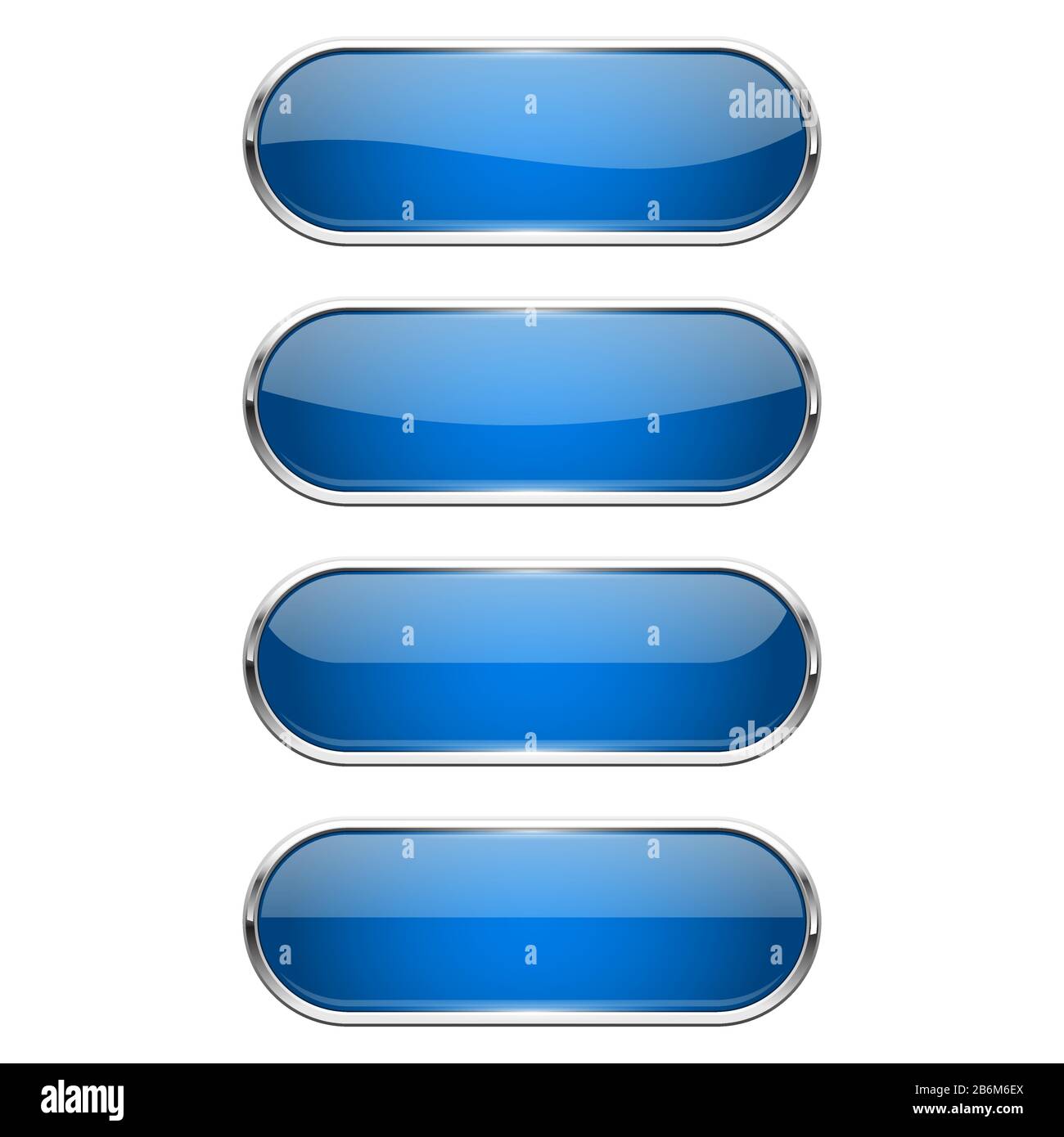 Web glass buttons. Blue shiny oval icons with metal frame Stock Vector