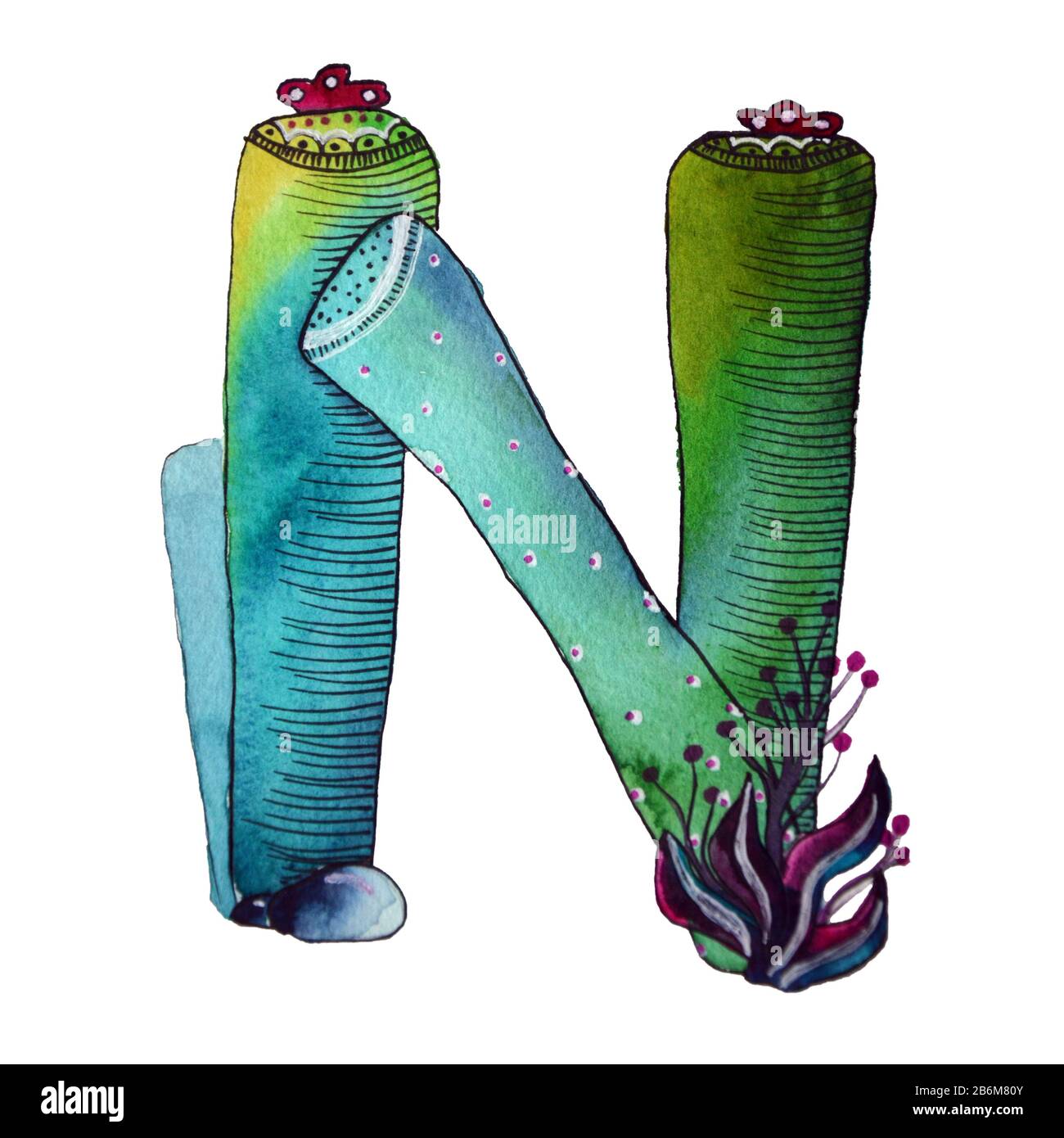 N letter in the form of cactus in blue colors, green eco English letter Illustration on a white background Stock Photo