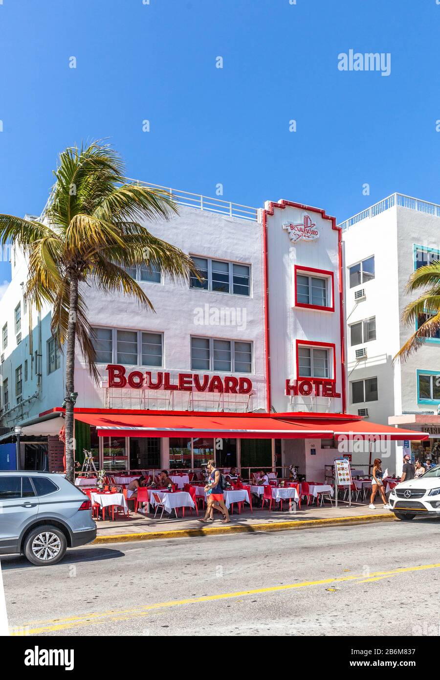 Front facade view of the Art Deco style Boulevard hotel, Ocean Dr., Miami Beach, Florida, USA. Stock Photo