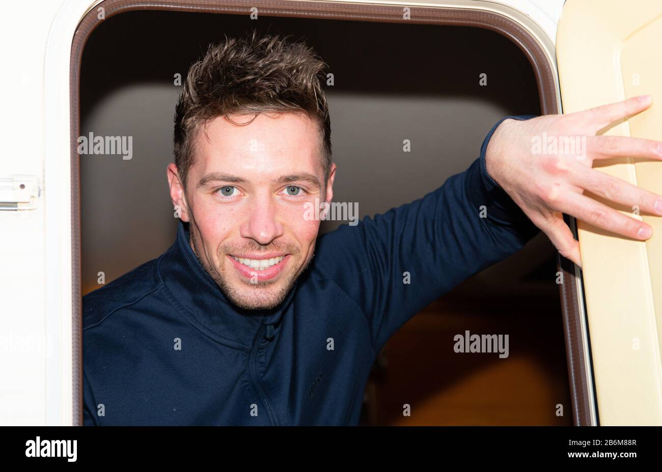 Zschernitz Germany 06th Mar 2020 Ramon Kaselowsky Stage Name Ramon Roselly Looks Out Of His Caravan He Takes Part In The Current Rtl Season Of Deutschland Sucht Den Superstar Credit Nico Schimmelpfennig Dpa Zentralbild Zb Dpa Alamy