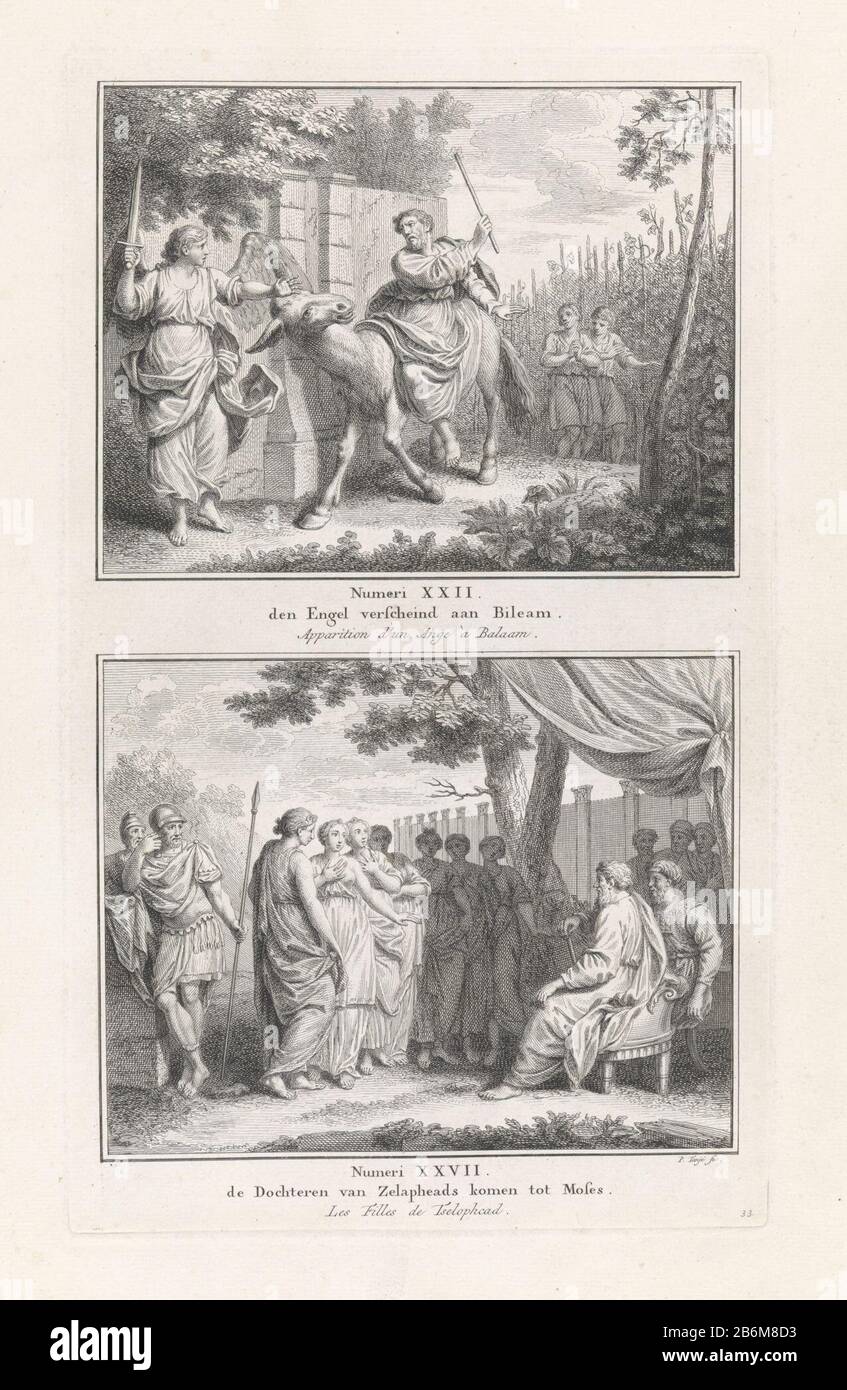 Ezel van Bileam De dochters van Selofchad den Engel verscheind aan Bileam  () de Dochteren van Zelapheads komen tot Moses () (titel op object) two  Bible stories. Above: Balaam exhorts his donkey