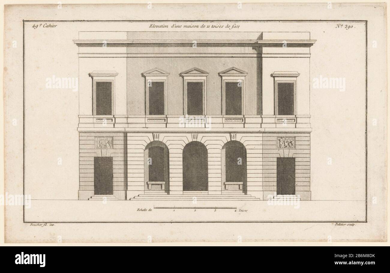 a facade of a house with three arches, staircases and windows with triangular pediments. Print Nummer 290. Manufacturer : printmaker Jean Pelletier (listed property) designed by: Juste Nathan François Boucher (listed building) Publisher: Charles Le Père & Pierre-Michel AvaulezPlaats manufacture: Paris Date: 1772 - 1779 Physical features: etching and engra materials: paper Technique: etching / engra (printing process) Measurements: plate edge: h 204 mm × W 330 mmToelichtingPrent two of a series of zes. Subject: façade (or house or building) arch, archivolt  architecture front step other archit Stock Photo