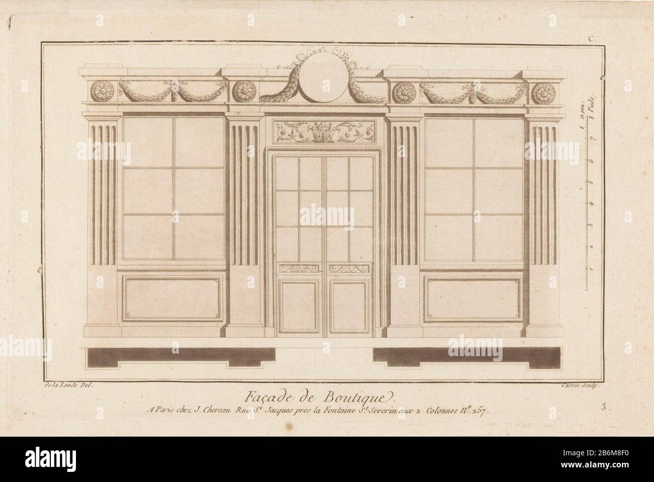 a façade with two doors in the middle with a dessus de porte with braid. On either side windows flanked by pilasters. On the upper side floral motifs, garlands and in the middle a round medaillon. Manufacturer : print maker: Antoine Carrée (indicated on object) to drawing of: Richard the Lalonde (indicated on object) Editor: Jacques Simon Chéreau (indicated on object) Place manufacture: Paris Date: 1788 Physical characteristics: etching and aqua tint, printed in brown material: paper Technique: etching / aquatint dimensions: plate edge: h 220 mm × W 343 mm Subject: façade (or house or building Stock Photo