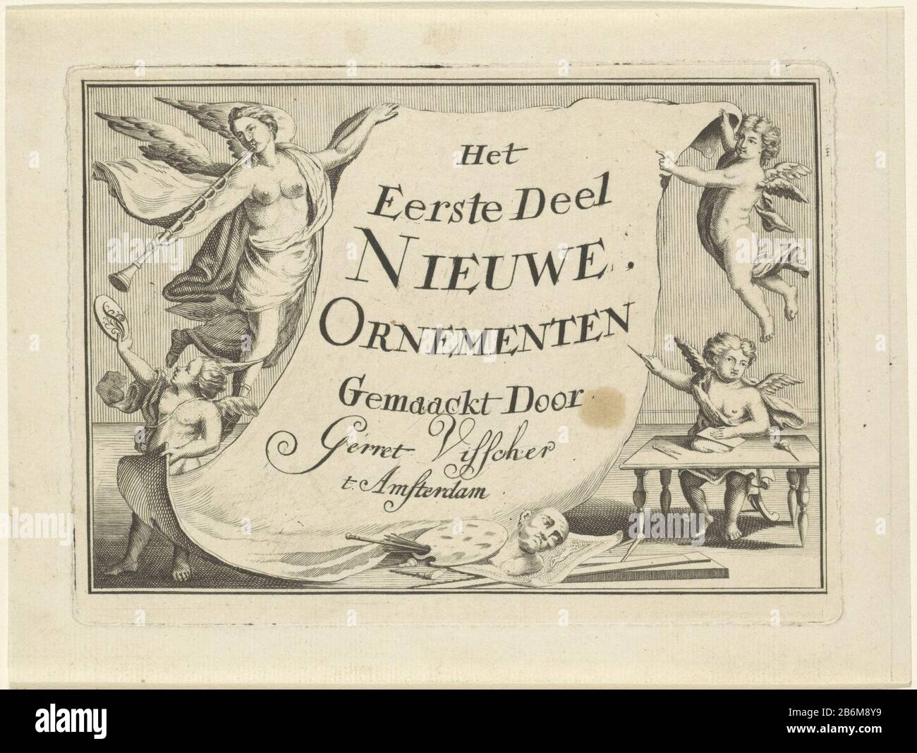 Faam en verschillende putti tonen een blad met titel Het Eerste Deel Nieuwe Ornementen () (serietitel op object) Fame and several putti show a sheet titelHet First Part New ornaments (...) (series title object) Property Type: print title picture ornament picture Item number: RP-P-OB-6492 Manufacturer : printmaker: Gerrit Visscher ( indicated on object) Place manufacture: Amsterdam Date: 1690 - 1710 Physical characteristics: etching and engra material: paper Technique: etching / engra (printing process) Measurements: plate edge: h 122 mm × W 167 mm Subject: Fame; 'Fama', 'Fama buona', 'Fama chi Stock Photo