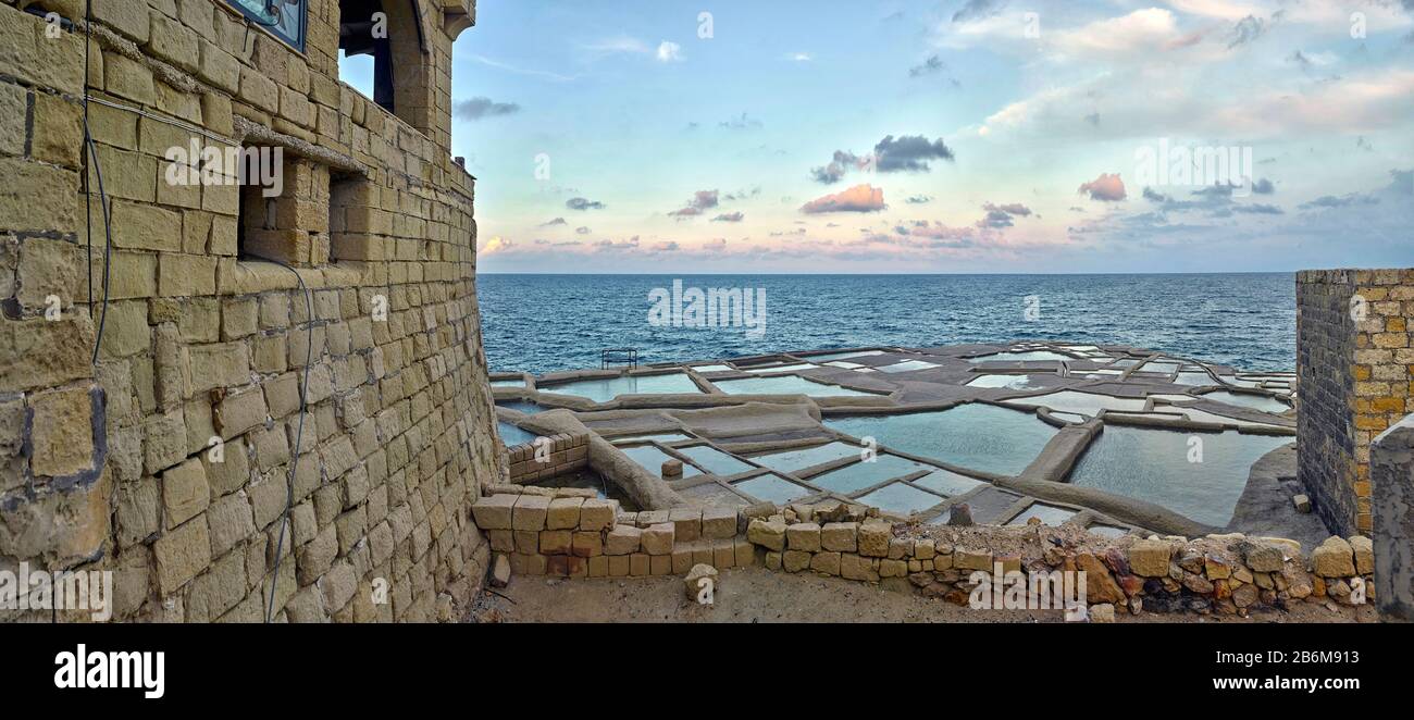 View of artillery battery at seashore, Qolla l-Bajda Battery, Marsalforn, Gozo, Malta Stock Photo